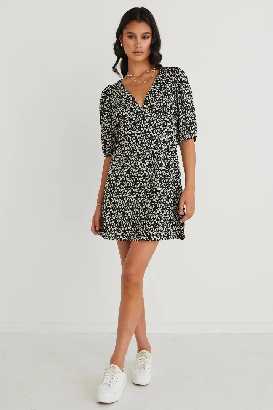 Bittersweet Black Ditsy Floral Back Tie Mini Dress