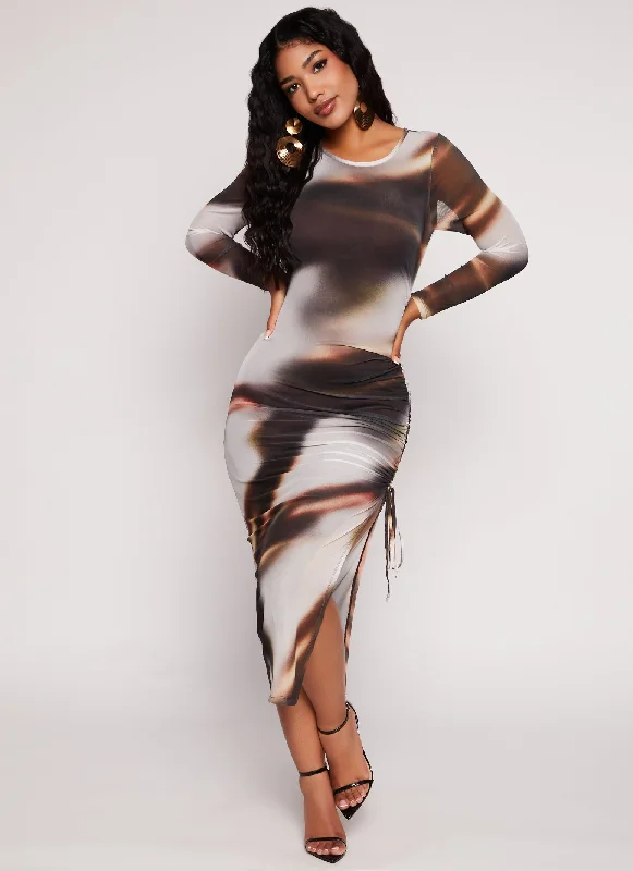 Almost Famous Mesh Printed Long Sleeve Midi Dress Comfortable Deep V Midi Dress