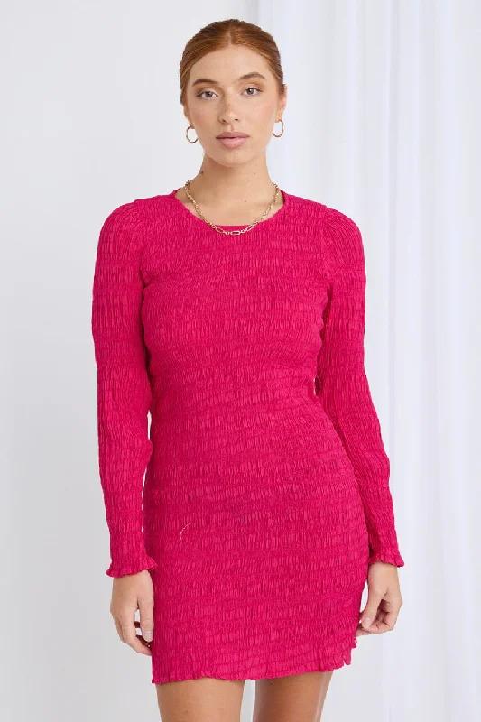 Everlasting Raspberry LS Ruched Mini Dress