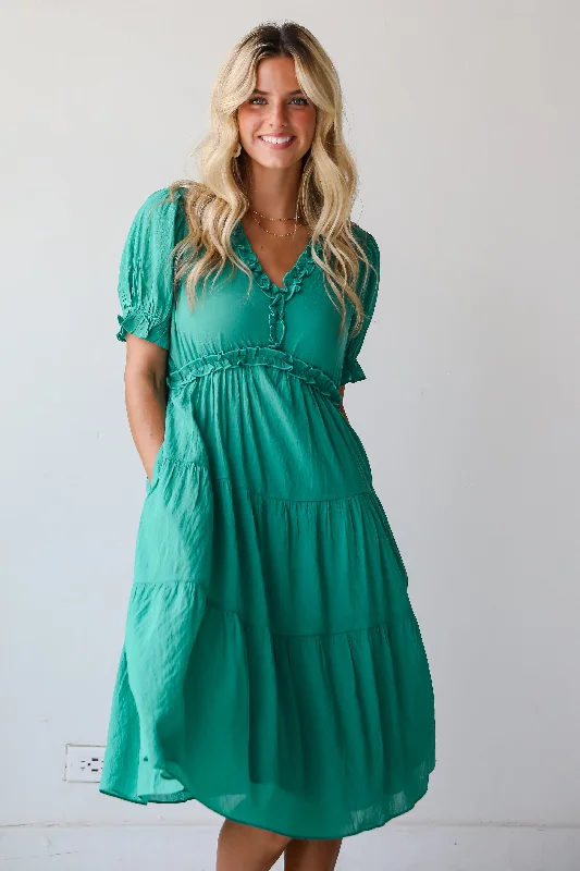 FINAL SALE - Exquisite Potential Green Tiered Midi Dress Stylish Midi Dress with Cuffs