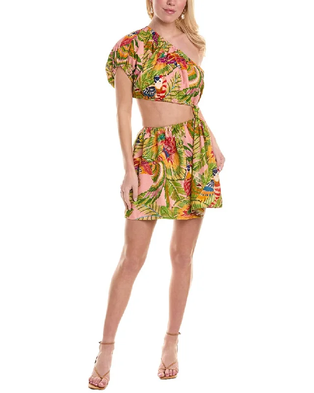 FARM Rio Macaw Leaves Cutout Waist Linen-Blend Mini Dress