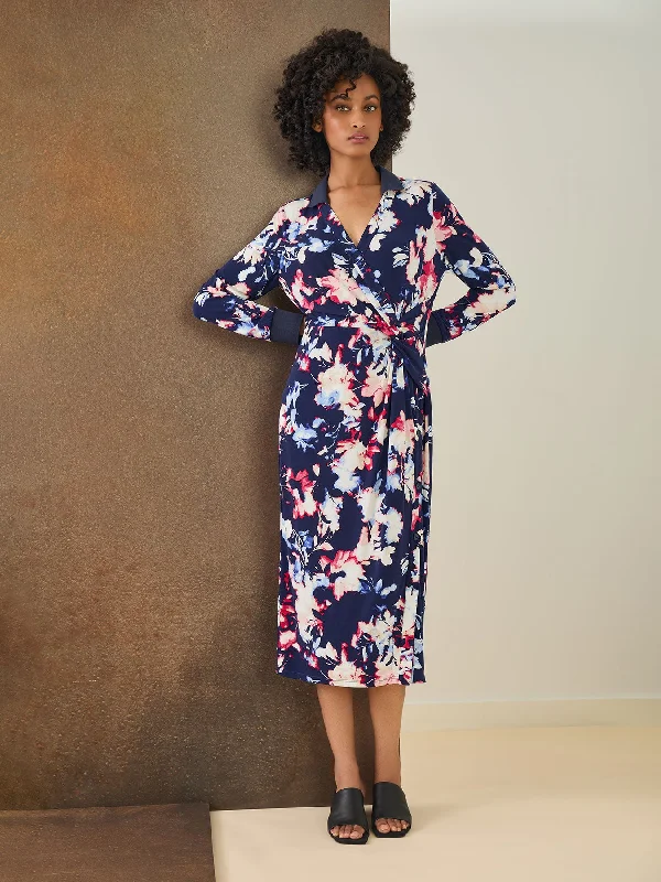 Floral Collared Twist Wrap Midi Dress