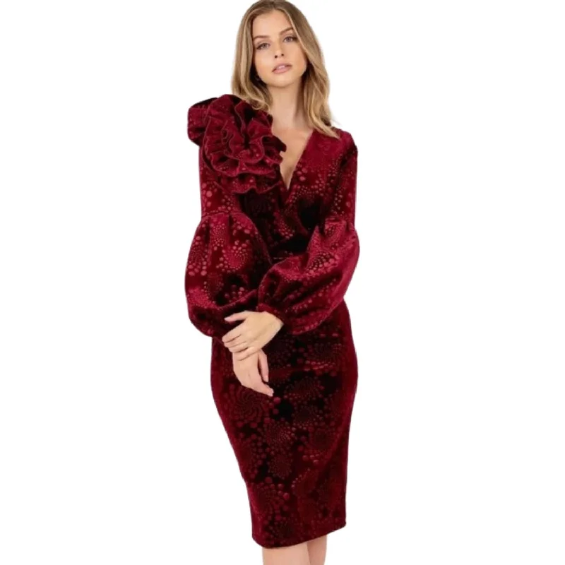 Flower Patch Flocked Velvet Fitted Midi Dress With Puff Sleeves Chic Bohemian Midi Dress