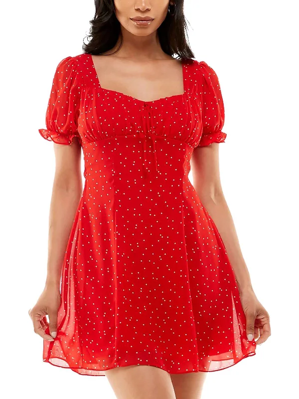 Juniors Womens Chiffon Polka Dot Mini Dress