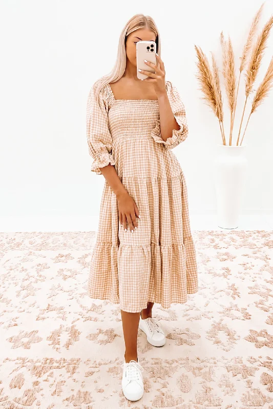 Kelsey Midi Dress Beige Check