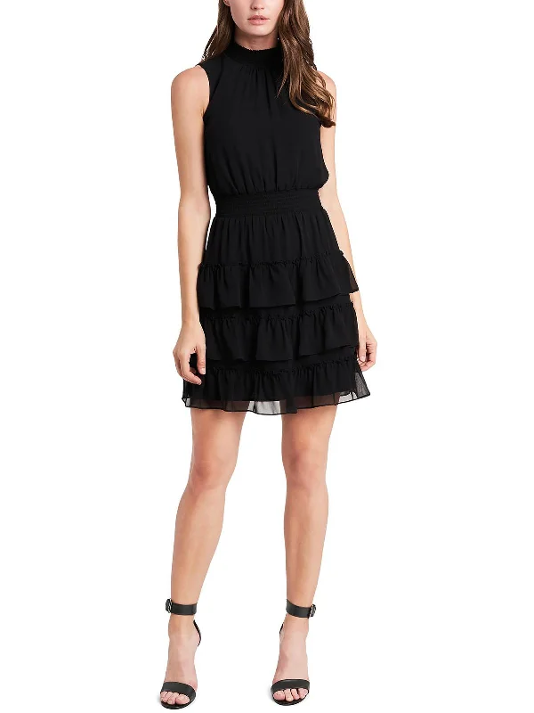 Petites Womens Smocked Ruffled Mini Dress