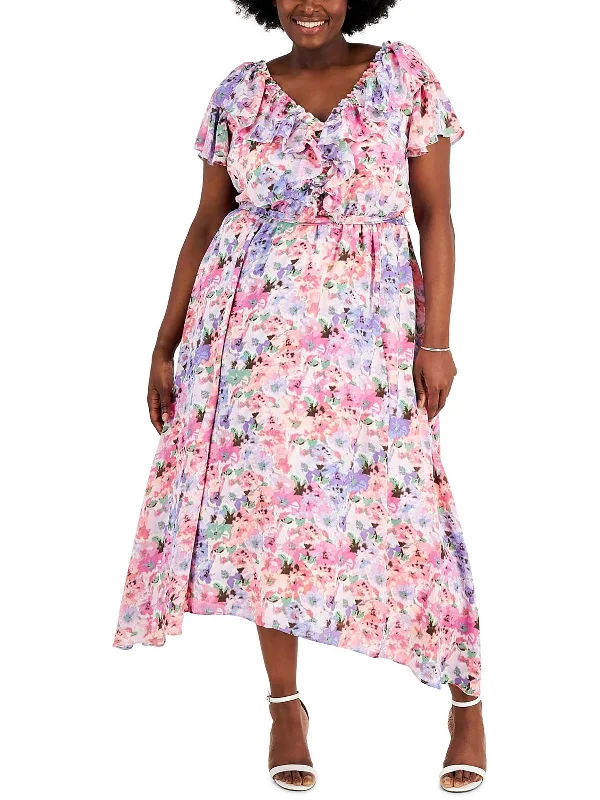 Plus Womens Floral Print Tea Length Midi Dress Elegant Maxi-Midi Hybrid Dress
