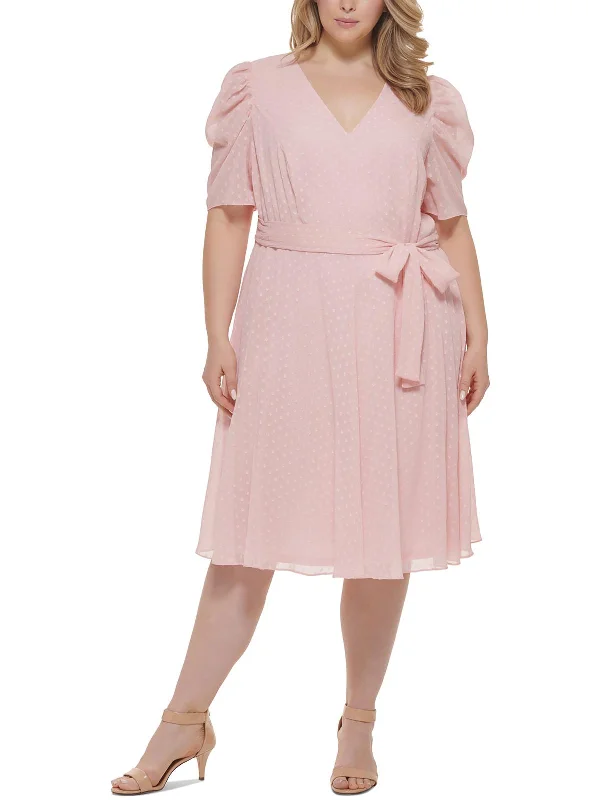 Plus Womens Textured V Neck Midi Dress Fashionable Pleated Midi Dress