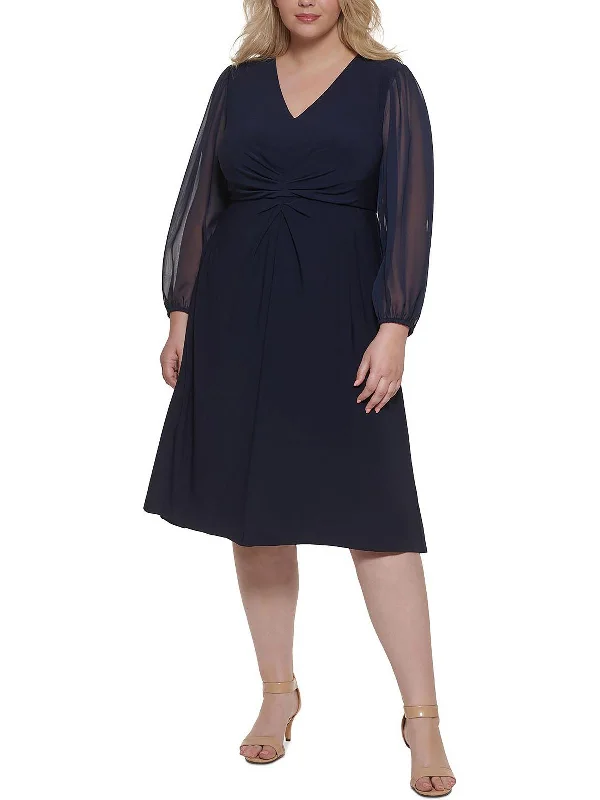 Plus Womens V-Neck Calf Midi Dress Comfortable Lace-Up Midi Dress
