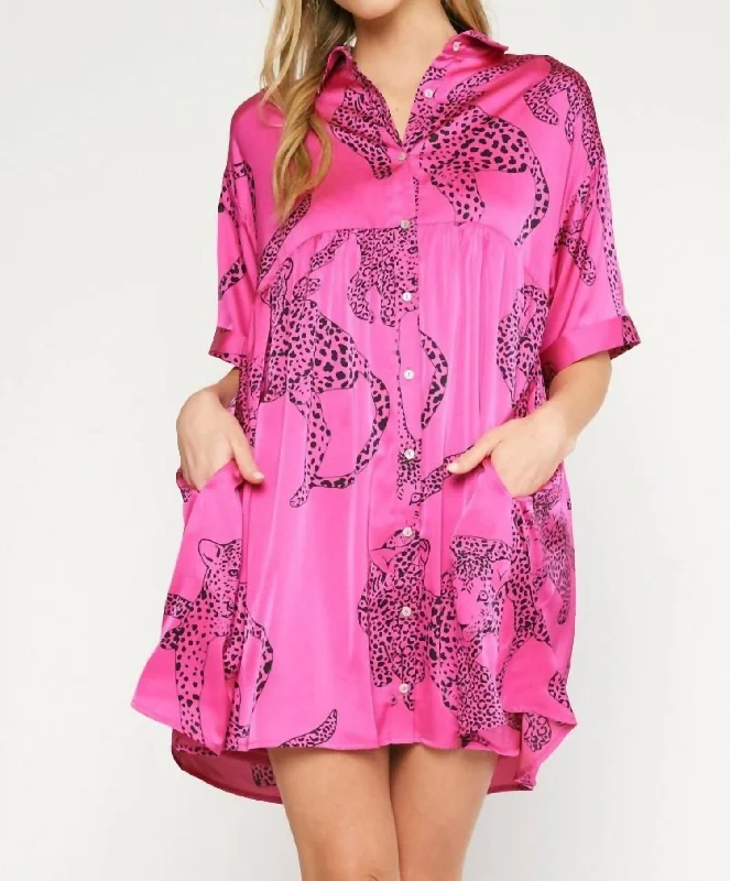 Satin Cheetah Mini Dress In Hot Pink