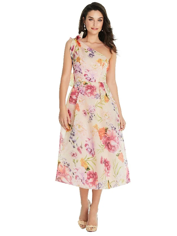 Scarf-Tie One-Shoulder Pink Floral Organdy Midi Dress Trendy Square Neck Midi Dress