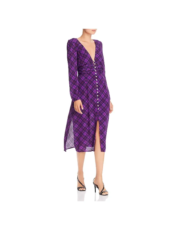 Trista Womens Puff Sleeve Plaid Midi Dress Fashionable High-Low Midi Dress