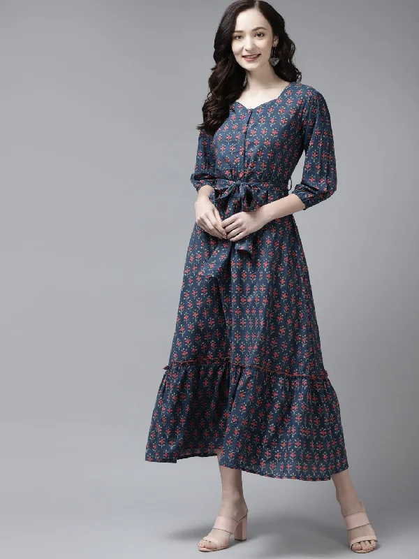 Women's Blue & Peach Ethnic Motifs Sweetheart Neck Ethnic A-Line Midi Dress - Yufta