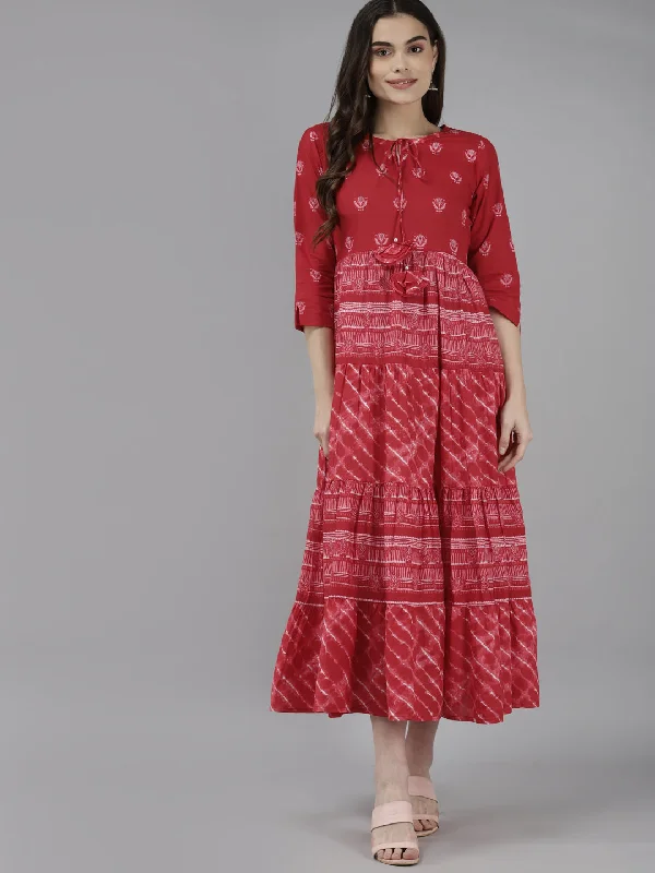 Women's Red & Off White Pure Cotton Ethnic Motifs A-Line Midi Dress - Yufta