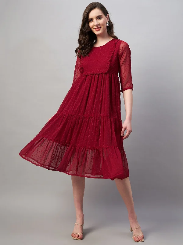 Women's Dobby Weave Yoke Design Tiered Midi Dress - Azira Comfortable Ruched Midi Dress