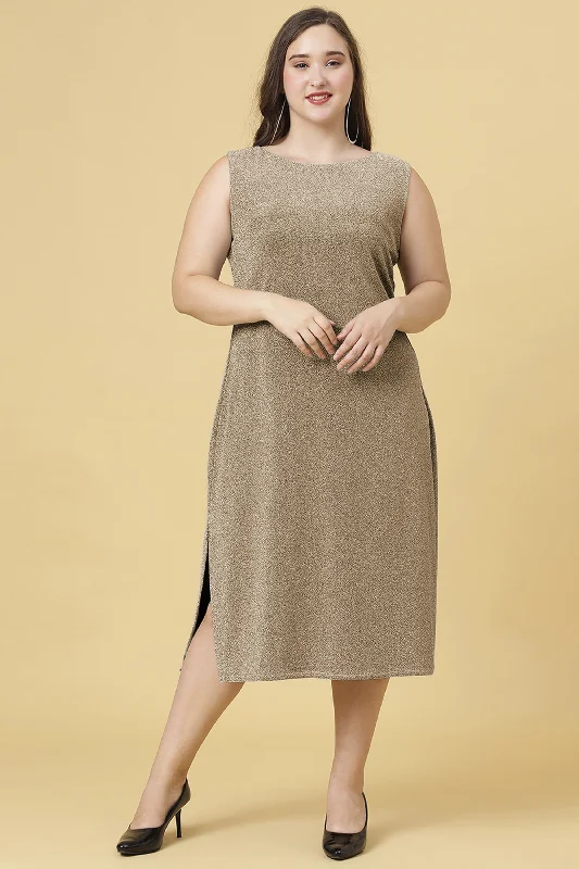 Women's Brown Sleeveless Blingy A-Line Midi Dress - Curvy Lane