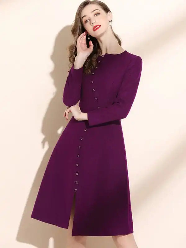 Women’s Crew Neck Button Front Long Sleeve Midi Dress