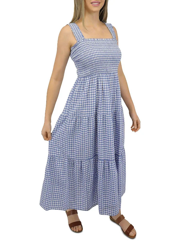 Womens Checkered Tea-Length Midi Dress Chic Floral Print Midi Dress