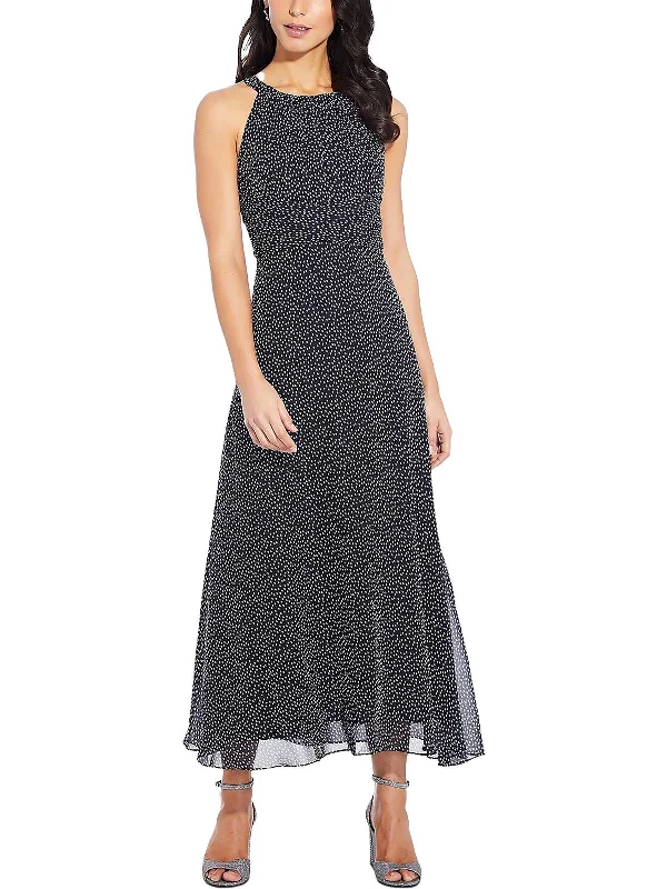 Womens Chiffon Dot Print Midi Dress Trendy Off-Shoulder Ruffle Midi Dress