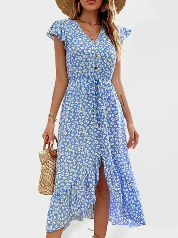 Women’s Floral Print Flutter Sleeve V-neck Midi Dress