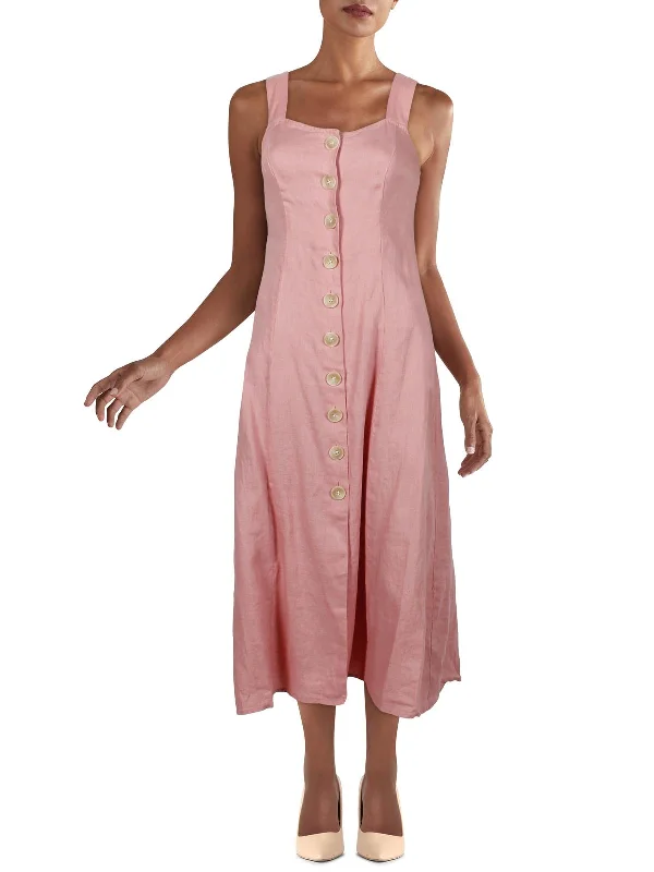 Womens Linen Calf Midi Dress Trendy Boho Midi Dress