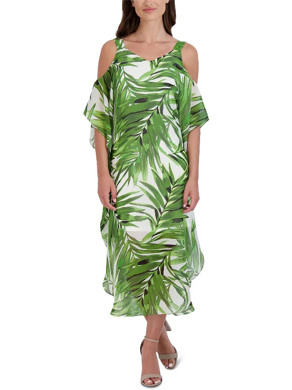 Womens Printed Cold-Shoulder Midi Dress Comfortable Adjustable Strap Midi Dress