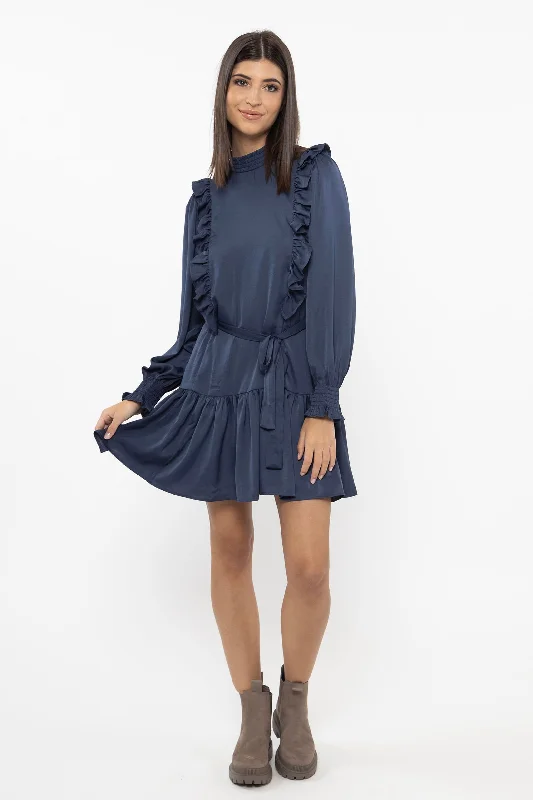 Wonderous Navy Satin LS Mini Dress