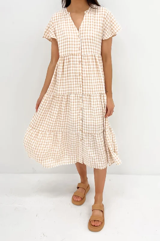 Zenny Midi Dress Latte Gingham