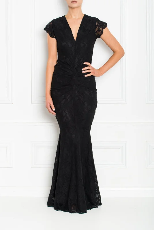 ARIANNA BLACK LACE WITH CAP SLEEVES & FISHTAIL MAXI DRESS