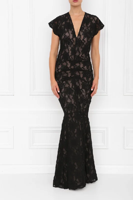 ARIANNA BLACK LACE WITH NUDE UNDERLINE CAP SLEEVES & FISHTAIL MAXI DRESS