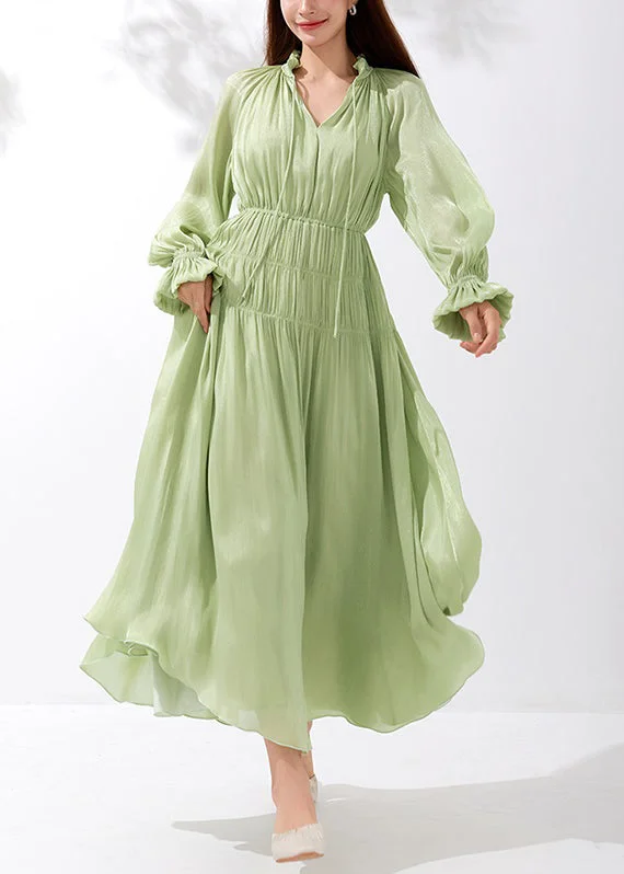 Art Green V Neck Wrinkled Lace Up Silk Maxi Dresses Butterfly Sleeve AM1026 Comfortable Bohemian Maxi Dress