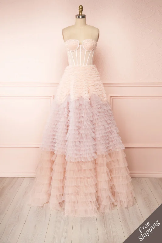 Asako Blush | Bustier Layered Tulle Maxi Dress