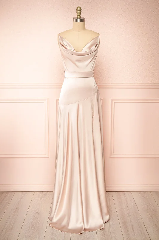 Celestielle | Champagne Cowl Neck Satin Maxi Dress