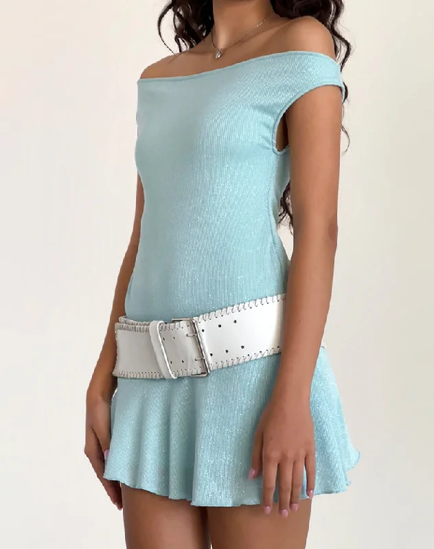 Cynthia Mini Dress in Shimmer Rib Light Blue Comfortable Smocked Mini Dress