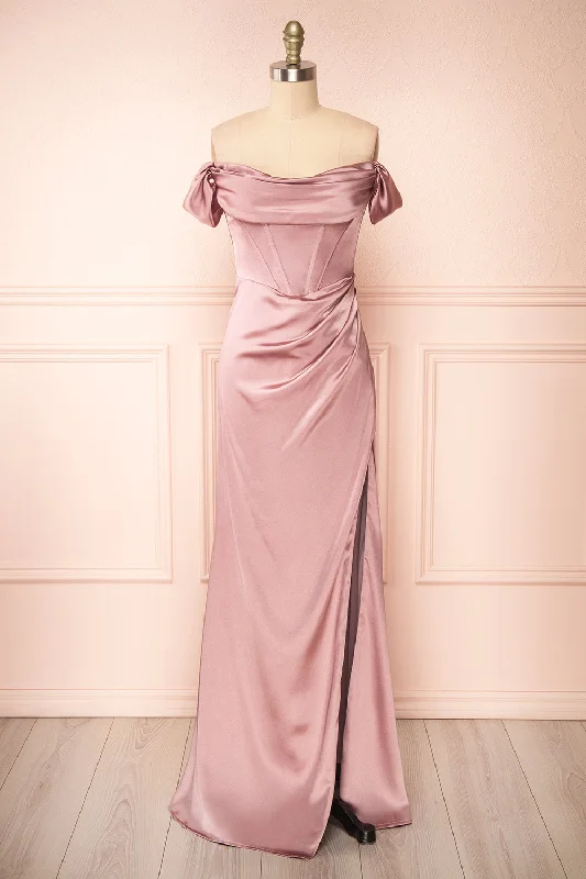 Evolet Mauve | Off-Shoulder Corset Maxi Dress