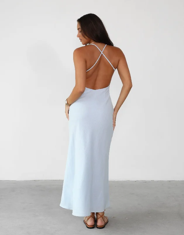 Haylie Linen Maxi Dress (Sky) Fashionable Off-Shoulder Maxi Dress
