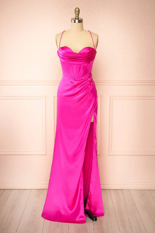 Kesha Fuchsia | Corset Cowl Neck Maxi Dress