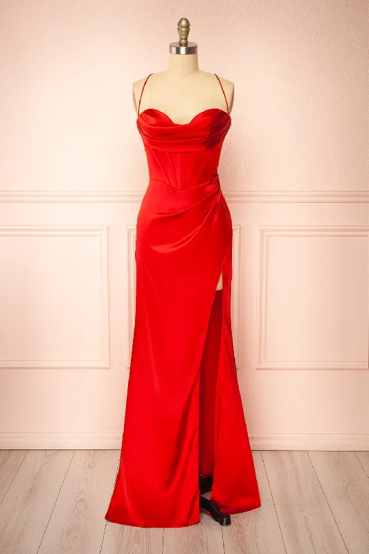 Kesha Red | Corset Cowl Neck Maxi Dress