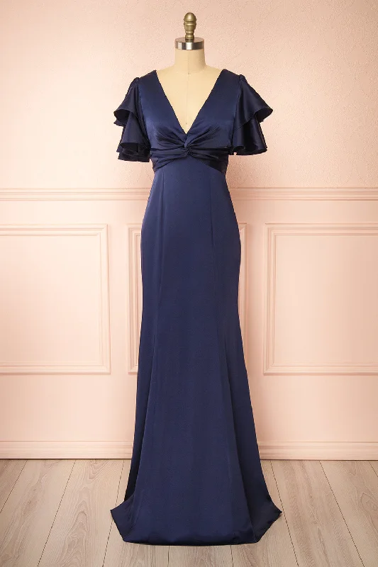 Kyana | V-Neck Navy Satin Maxi Dress