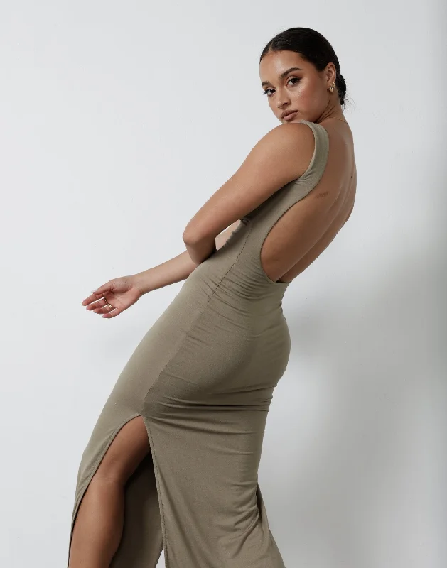 Luna Maxi Dress (Light Khaki) Comfortable Ruffle Hem Maxi Dress