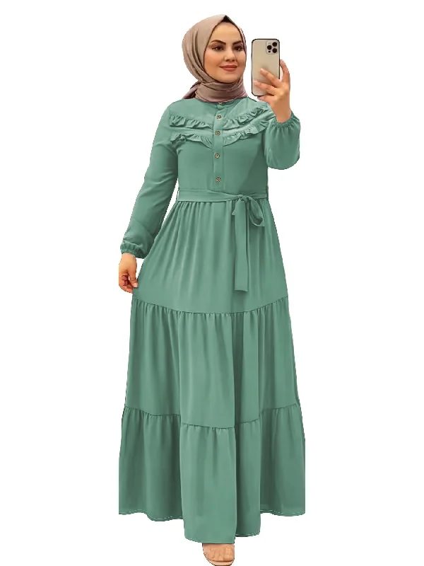 Luxurious Ramadan Kaftan Dress - Flattering Ruffle Trim & Belted Waist - Elegant Long Sleeve Button Front Maxi Dress for Women Comfortable Ruffle Hem Maxi Dress Luxurious Ramadan Kaftan Dress - Flattering Ruffle Trim & Belted Waist - Elegant Long Sleeve Button Front Maxi Dress for Women Comfortable Ruffle Hem Maxi Dress