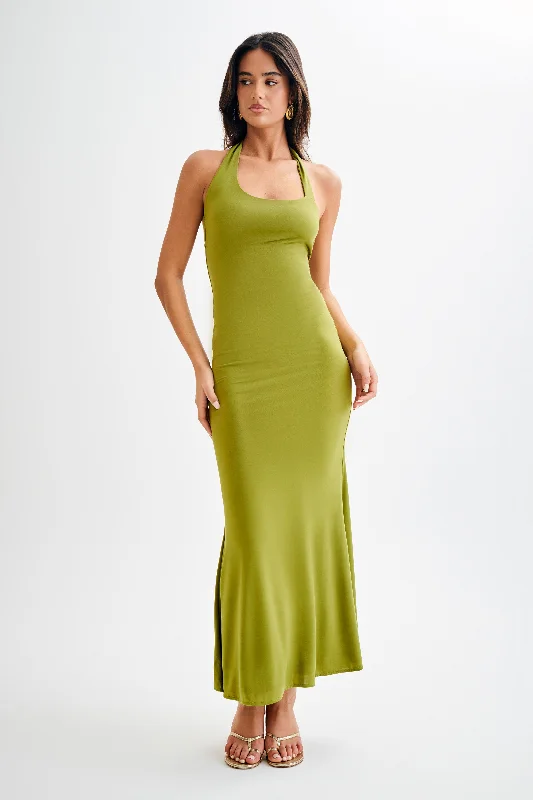 Marianne Asymmetrical Slinky Maxi Dress - Vintage Olive