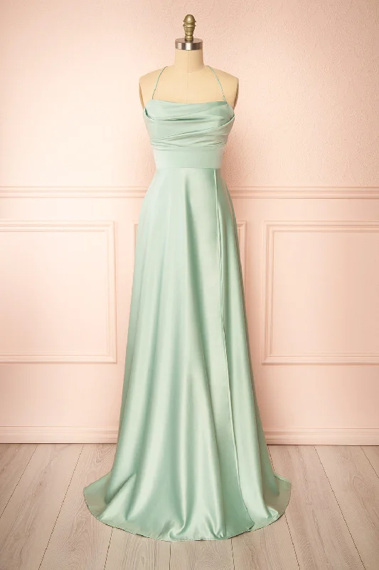 Marlys Sage | Cowl Neck Satin Maxi Dress w/ High Slit