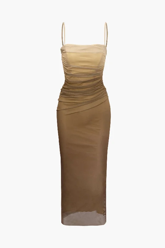 Mesh Ruched Cami Maxi Dress