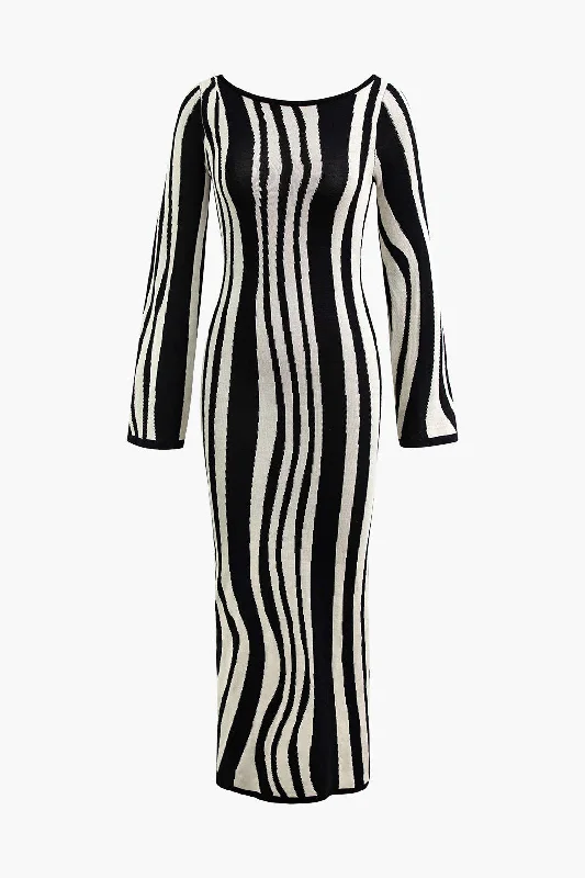 Contrast Stripe Round Neck Knit Maxi Dress