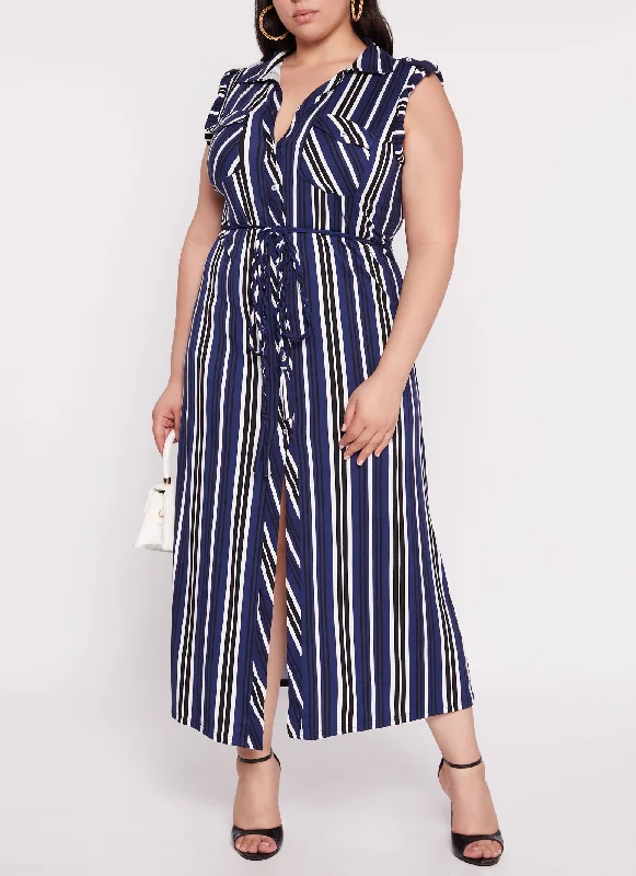 Plus Size Sleeveless Striped Shirt Maxi Dress