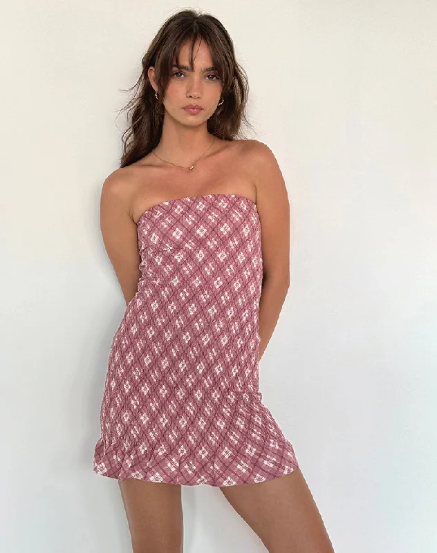 Takiyo Bandeau Mini Dress in Pink Tartan Trendy Crossover Mini Dress