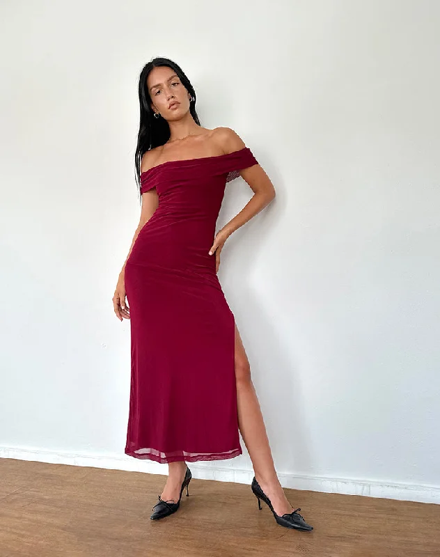 Tarna Bardot Maxi Dress in Mesh Burgundy