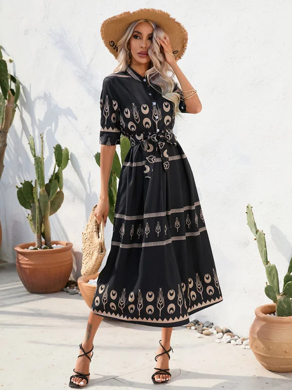 BerryBetty - Women's Printed Three-quarter-sleeve Shirred-waist Crepe Maxi Dress Comfortable Fitted Maxi Dress