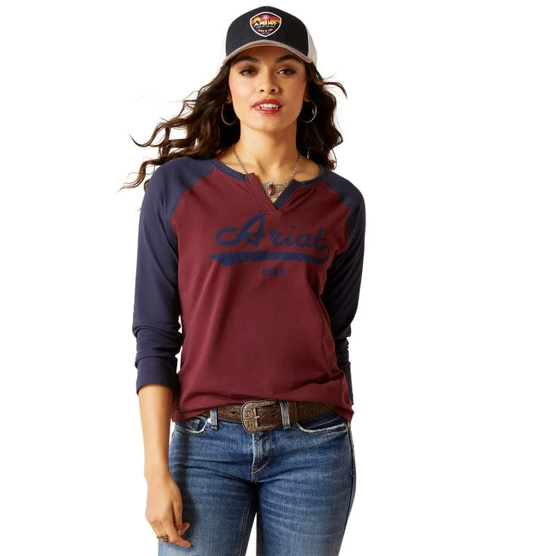 Ariat Women's Split Neck Tawny Port Long Sleeve Baseball Tee 10046257